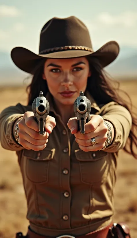 Colt Single Action, a wild west cowboy woman shooting with two Colt Single Action revolver guns in his hands