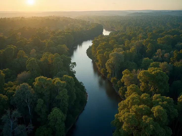 photo hyper realistic, aerial view, more distance, eucalyptus forest, curving river in the middle, horizon sunny