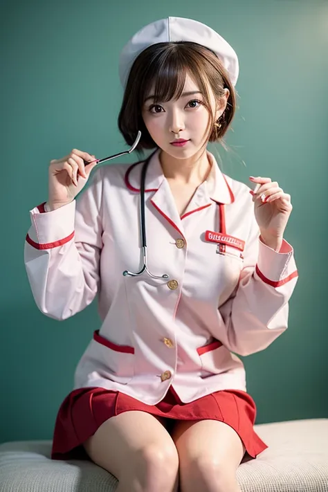 (( top quality )), ((masterpiece)), (  Details),  1 girl, nurse、白いnurse服、 short skirt、Red Cross Mark、 open legs、Stethoscope、syringe、 no makeup、Simple