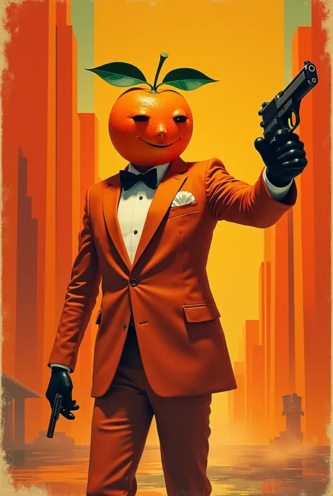 The tangerine world. Tangerine James Bond is made of tangerines, tangerine leather. Posing with a tangerine pistol. Comic poster. An advertising poster of the Ussr.