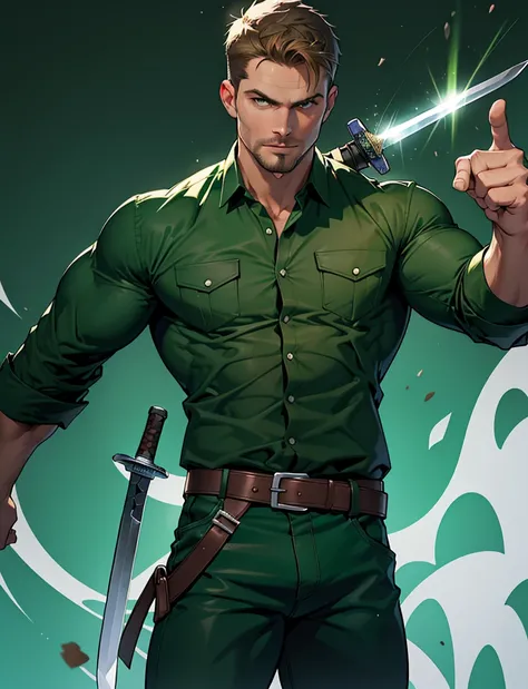 1 man, male focus solo,45 yo man,Stephen AMELL as green arrow,  lean muscle, ((open dark green shirt, dark green jeans with brown belt)) ,(( big bulge)), full body shot, dark blond short hair, well groomed facial hair, (((holding a sword with one hand, poi...