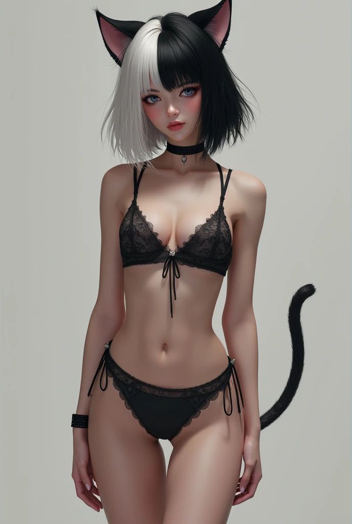 An 1 boy with a feminine touch who has black and white hair wearing cat lingerie 