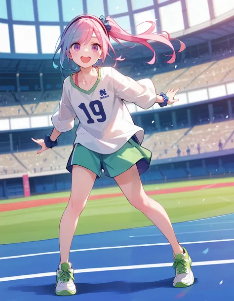 score_9,score_8_up,score_7_up, masterpiece,ultra-detailed CG illustration,top quality, best quality, a girl on stadium roof,1girl,solo, purple eyes, full body, looking at viewer, collarbone, shoes, green footwear,multicolored hair, smile, side ponytail,lon...
