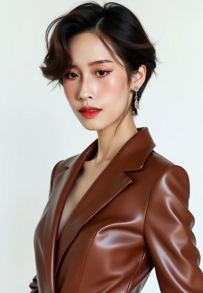 Korean model wearing brown leather dress, she has short hair, white background