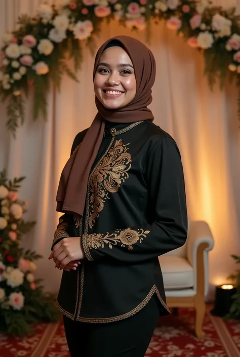 Young Indonesian woman ,smiling a black  shirt with gold motif ,dark brown hijab black pants standing slightly tilted and gracefully in front of a wedding ,backdrop decorated with flower and warm light