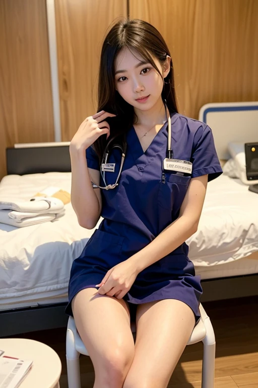 (( top quality )), ((masterpiece)), (  Details),  1 girl, nurse、白いnurse服、 short skirt、Red Cross Mark、 open legs、Stethoscope、syringe、 Clinic 、hospital、 no makeup、Simple