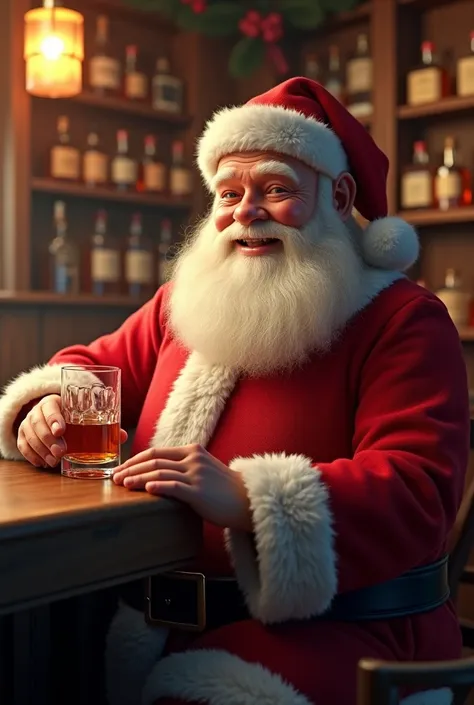 Santa Claus smiling in a bar with a whiskey saying Merry Christmas