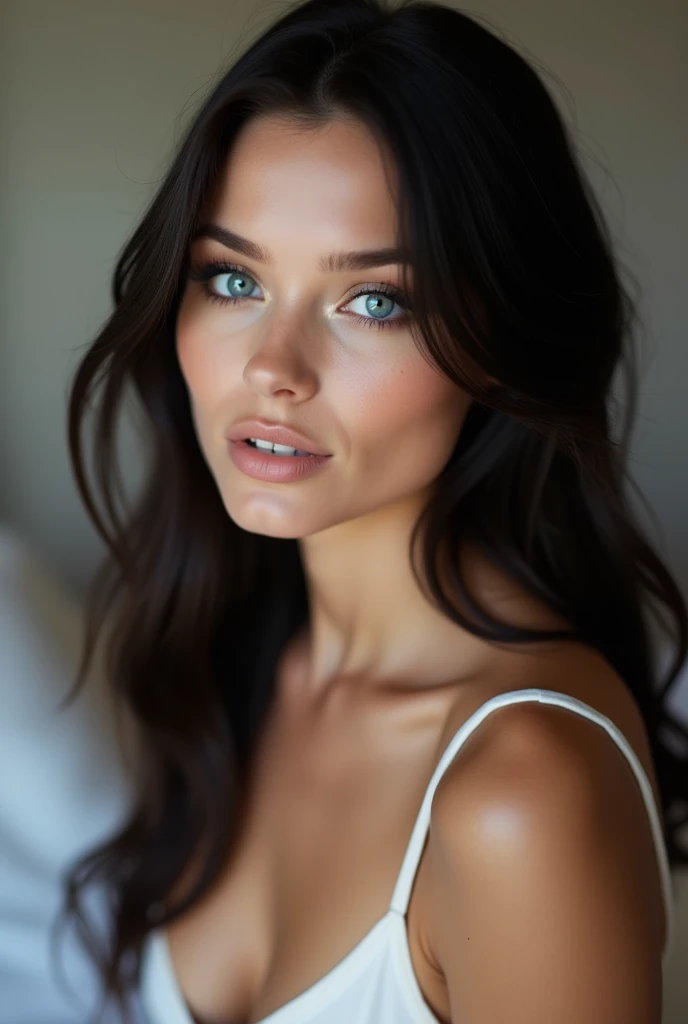  24-year-old woman with long black hair , straight and thin eyebrows, naturally straight,  almond blue eyes ,  Marked cheekbones ,  marked jaw,  natural full lips , natural, beautiful,  pale but slightly tanned skin ,  perfect features , sensual,  eye shad...