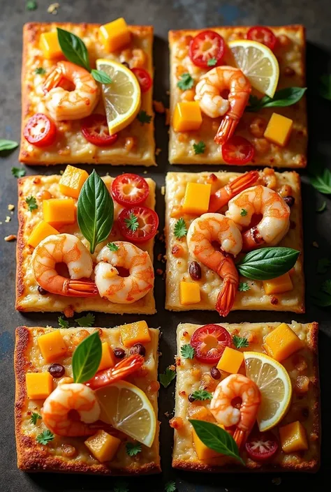 CREATE AN IMAGE OF SQUARE PIZZAS CONTAINING SOME OF THE FOLLOWING PRODUCTS: combine flavors
del mar  ( shrimp
marinades , tilapia
red ,  fish
smoked , Squid)
 with tropical fruits
Like pineapple
caramelized and
Mango biche.