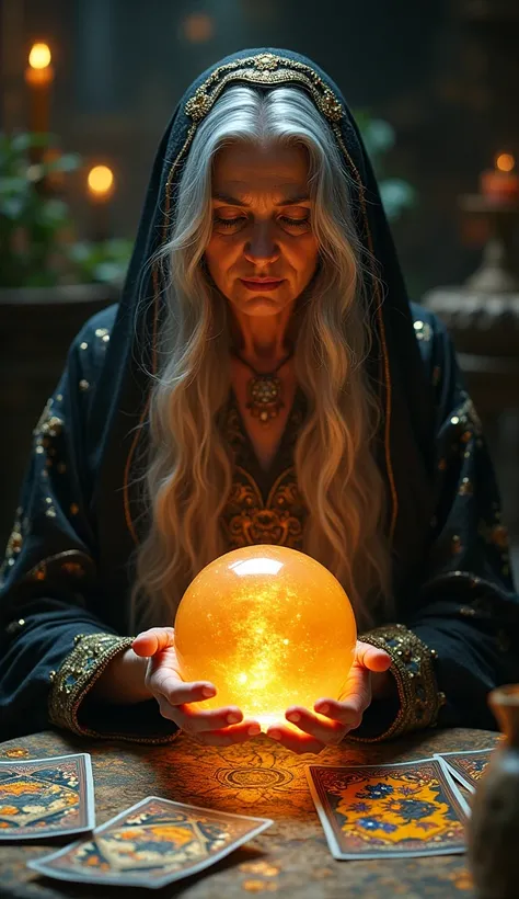  Portrait of an elderly mystical woman with long gray hair ,  wearing a dress detailed with gold and black tones ,  covered by a veil decorated with colorful embroidery .  She holds a shiny and luminous crystal ball in her hands ,  that emits an intense or...