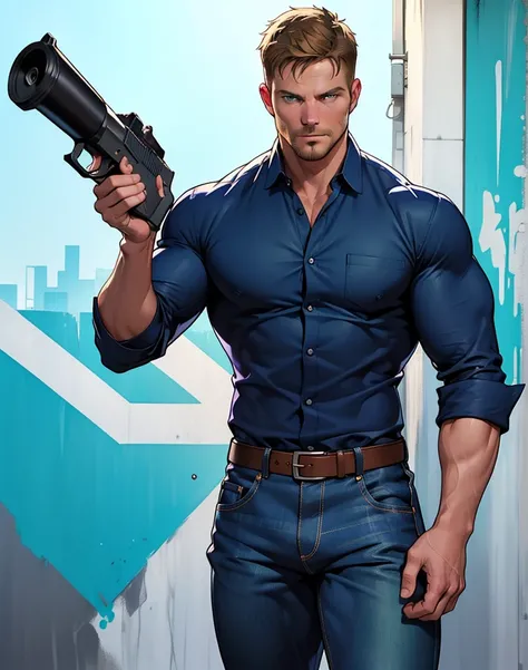 1 man, male focus solo,45 yo man,Stephen AMELL as private investigator,  lean muscle, open blue shirt, marine blue jeans with brown belt ,( big bulge), full body shot, dark blond short hair, well groomed facial hair, holding a gun with one hand, , ultra hi...