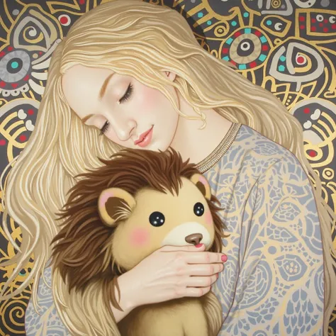  A blonde hair straight long hair Girl . holding cute lion plush doll. girl hair very long . background is tribal totem , background abstract , Gustav Klimt style , low brightness ,Milky color , golden straight hair ,face close-up,Night image,Golden hair o...