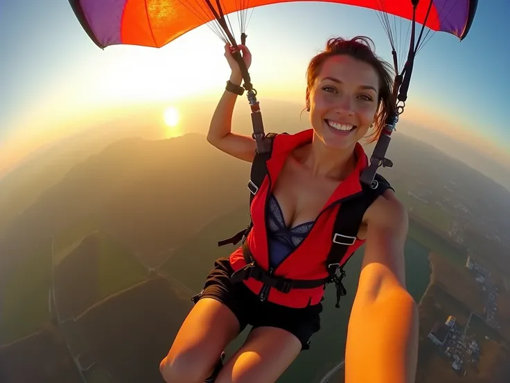 fisheye view from high point. bright sunrise colours.
woman, European, 30 years old, sportive slim, short brown hair, side crest. smiling.
red Softshell vest with opened front zipper without sleeves, bare arms. glossy dark blue lace bra underneath, decolle...