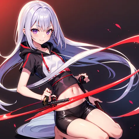 holding Katana, The blade of the Katana is red, the set up, 1girl, solo, Japanese Kyoto, silver hair, long hair, purple eyes, flat chest, slim figure, smile, hoodie,  perfect anatomy