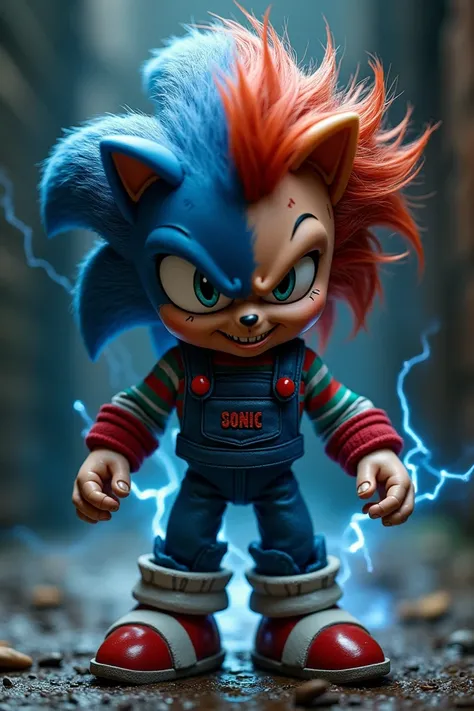 Create a hybrid of the killer doll Chucky and Sonic