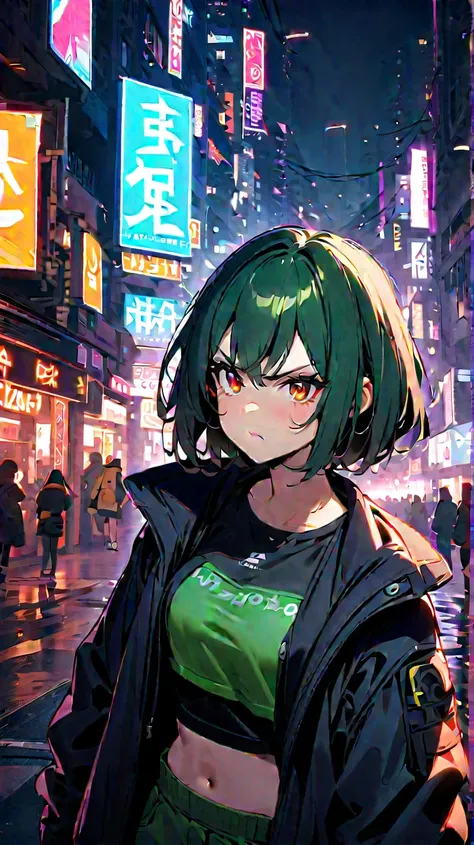 1girl, dark-green short hair, amber eyes, a dark-green crop top and a black jacket, annoyed expression, cyberpunk city