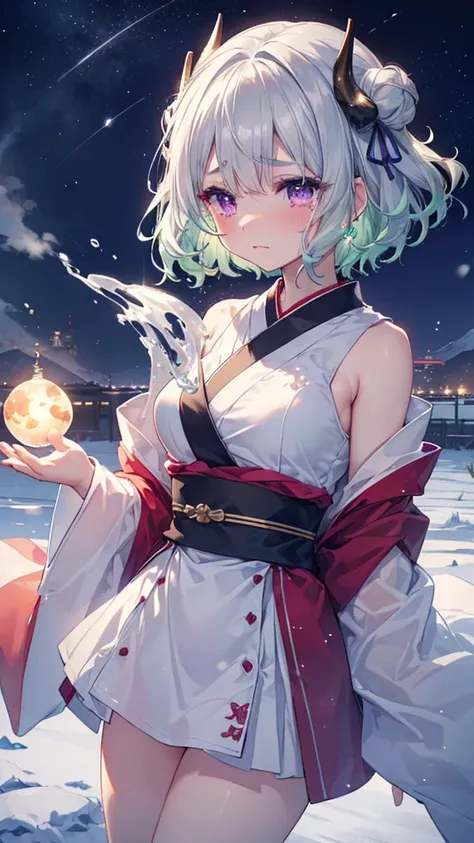  super detailed ,  top quality ,  high definition , (( 1 girl)), 8k, the above,  Light Wheat-colored Skin, (dark green hair), ( short hair、Curly hair), ( :1.3), (冬のnight、snowが降る),  holding a star , (:1.3),  purple eyes, medium breasts, night, snow,  ( cryi...