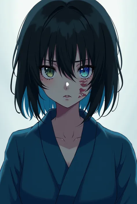   of medium black-haired anime with blue tips,  with bangs covering the right eye , and the left eye with a scar, wearing a blue Yukata  , with a serious face ,  multiple scars on your face  