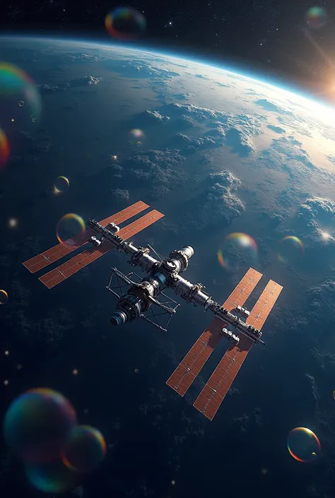  The breathtaking scene of the space station ,  gracefully orbiting the Earth .  In the foreground, you can see the complex structure of the station with its solar panels and modules,  sparkling in the light of stars .  Planet Earth appears in the backgrou...