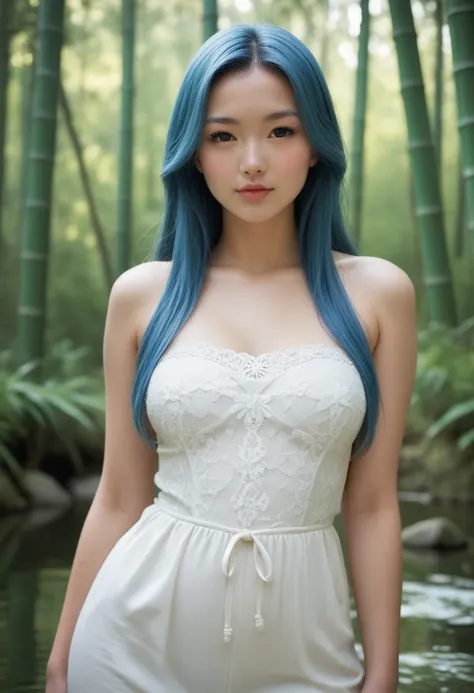 score_9, score_8_up, score_7_up, Western Comics, Cowboy Shot, girl, cute, seductive, innocent, light smile:0.3, plump lips, slender body, azure hair, long hair, detailed eyes, forest, bare shoulders, hanfu, lakes, pure, soft bamboo, depth of field, dynamic...