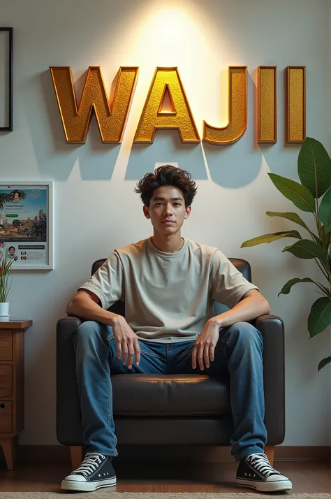 Create realistic picture where a BOY age 20 in a   casually on a  Chair. The background features “WAJII” in big and capital 3D gold texture fonts on the white wall and hacker boy logo and home page with a profile photo