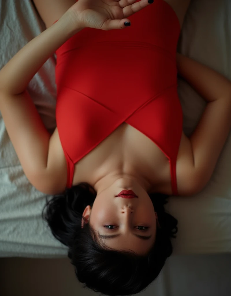 Thomasin Mackenzie, view from above, Lying on a bed on a back, seductive, red strapless dress, black bob cut hair, seductive face