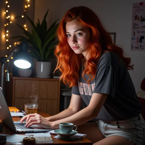 A beautiful red-haired gir, long, flawless, curly red hair sits at her desk late at night, wearing an oversized graphic tee and comfy shorts. Her laptop glows in front of her, surrounded by papers and snacks. Fairy lights and a cup of tea add a touch of wa...