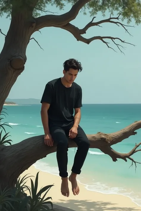 Adult sad boy  in black t-shirt with black pant sitting alone  in a branch in the beach 