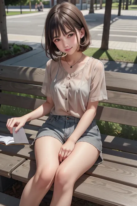 sweet girl,  age fifteen, , a gentle young beautiful face ,  subtle regular facial features ,  light brown hair ,  Short hair ,  grey eyes ,  sits on a park bench reading a book .  Dressed in shorts and a transparent shirt with straps.  professional photo ...