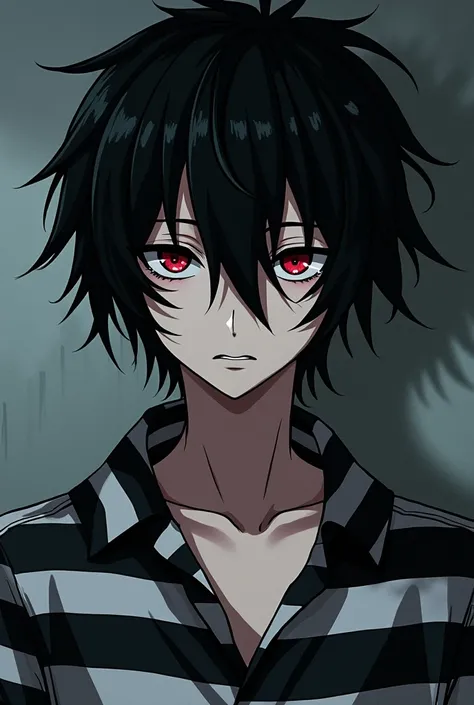 Create a half-emo male character with creepy, messy black hair and a black and white horizontal striped blouse, in the Japanese animation style 