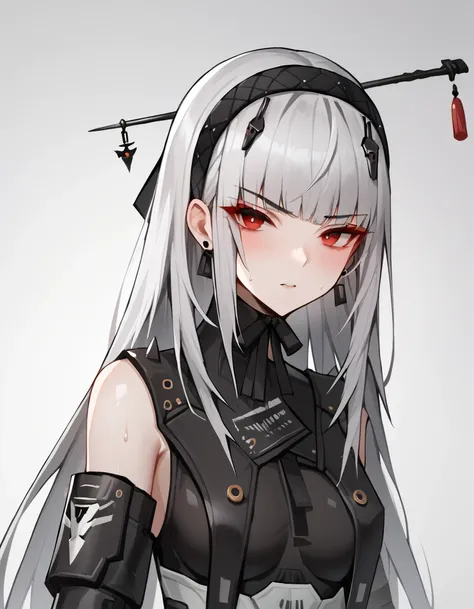 score_9,score_8_up,score_7_up, long_hair, blunt_bangs, red_eyes, red_hair, clothing_cutout, vera_(punishing_gray_raven) , black_hairband, blush, solo, 1girl, white_background, simple_background, bare_shoulders, earrings, medium_breasts, sweat, looking_at_v...