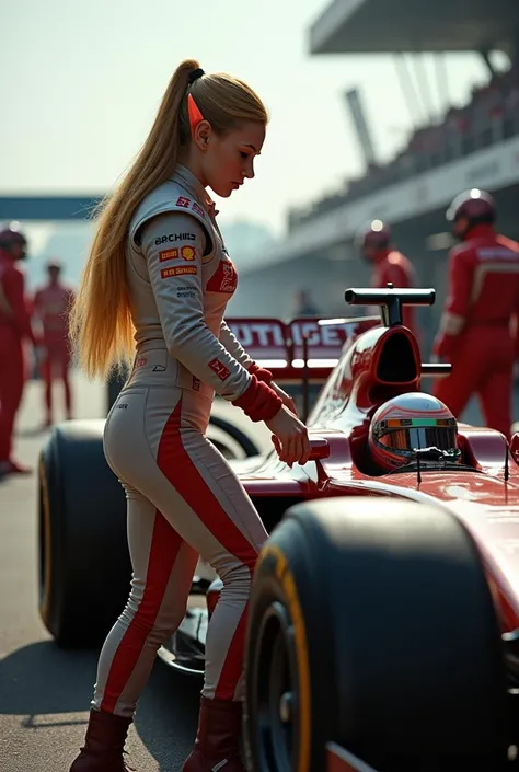  Blond adult elf with long ears. Formula 1 driver. The elf is getting into the car .