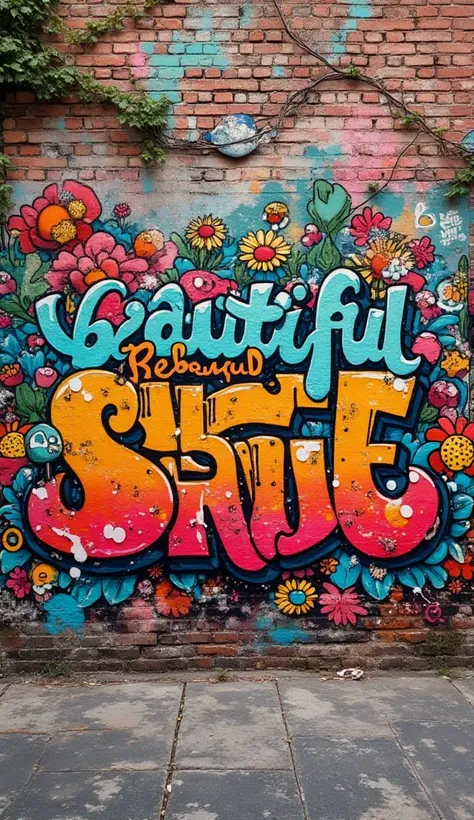 Un graffiti, avec une typographie artistique, avec des dessins de fleurs, style cartoon, effet bombe de peinture, éclaboussures; sur un mur en brique ou il y à écrit "Belle merde" 