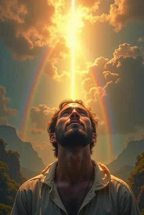 Image where the light of Jesus Christ appears and this light is reflected in the tears of a man and a rainbow is produced over Venezuela  