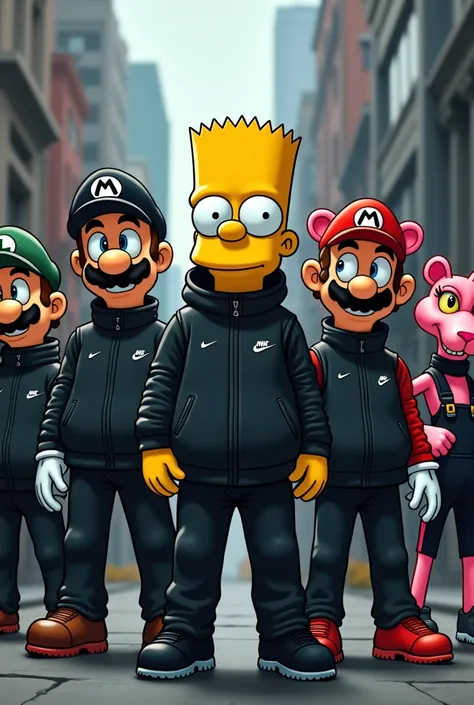 Now Bart is creating his gang with the pink panther and Mario Bros and his whole gang is wearing black with Nike Tech black