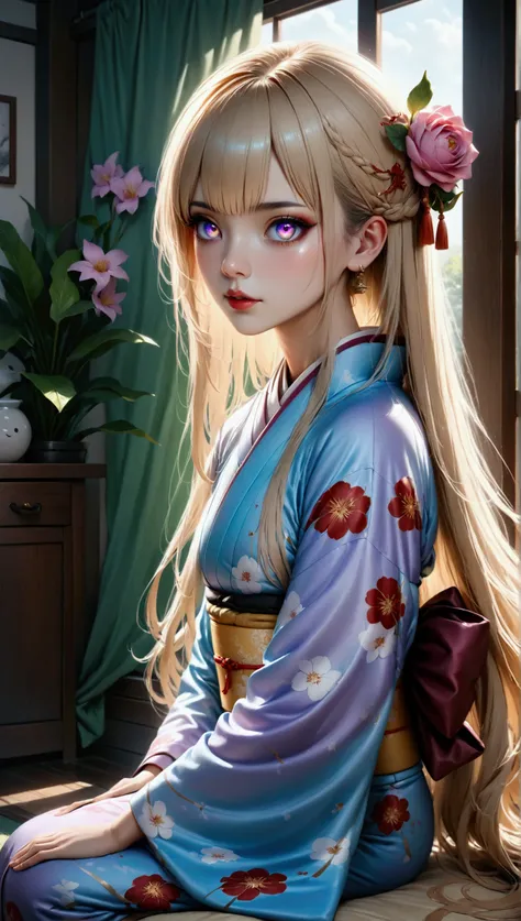 (masterpiece, aesthetic, detailed eyes, realistic), 1girl, mahiru shiina, angel next door spoils me rotten, Long smooth straight golden hair, purple to golden gradient eyes, sitting in a room in kimono, super detail, best quality, 8k