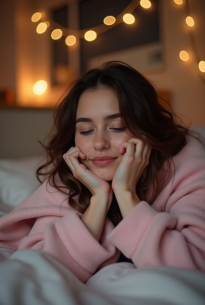 Ultra-realistic 4K HDR photo of a young Turkish woman (classic Turkish features, almond-shaped brown eyes, soft arched eyebrows, a small straight nose, full lips without lipstick) curled up beneath a warm blanket in bed, with a soft smile and eyes closed a...