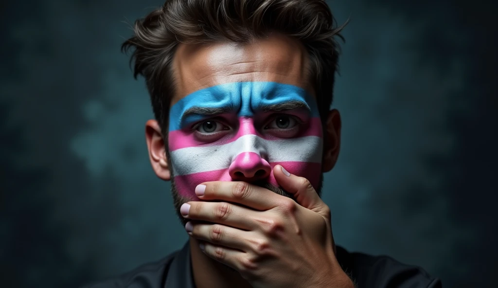 A powerful artistic representation of a trans man with the trans pride flag painted on his face (light blue, pink, and white stripes). He is looking straight ahead with intense, pained eyes, conveying a deep emotional struggle. A hand is forcefully coverin...