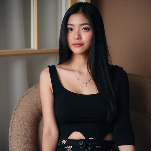 A young thai woman poses indoors,exuding elegance and confidence. She is wear black dress ,sexy body,intricate cartoon patterns but no bra. . Her long black hair flows over introspective expression, creating a relaxed yet graceful pose. The background is s...