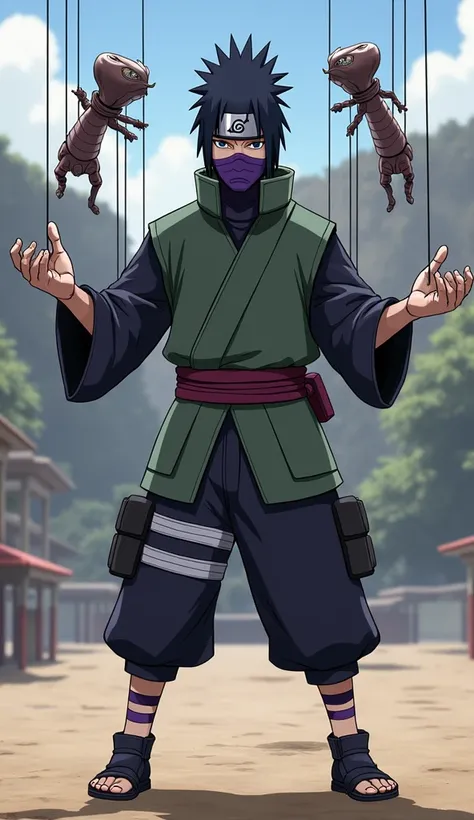 Create image of kankuro using puppet jitsu in the training ground, in his ninja outfit, show his face and also show his purple face pattern.