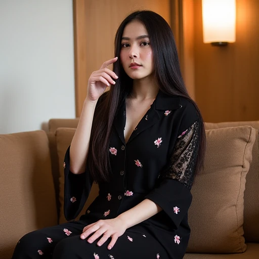 A young thai woman poses indoors,exuding elegance and confidence. She is wear black dress ,sexy body,intricate cartoon patterns but no bra. . Her long black hair flows over introspective expression, creating a relaxed yet graceful pose. The background is s...