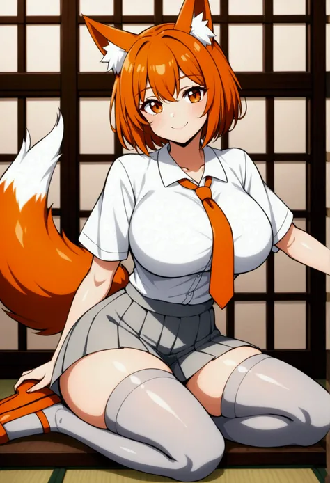 A Kemonomimi Fox girl with a beautiful face, Orange eyes, Orange hair, short hair, cute fluffy Fox ears, Orange Tie, white Shirt, grey skirt, Long dark grey thigh high stockings, cute japanese Shoes, smiling, Charismatic, big breasts