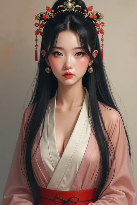 .  is a fictional image of a beautiful 30-year-old famous singer with long straight black hair.  blue eyes, perfect white skin  .. She has a sophisticated body, .  The womans breast size is very large . He is 200 cm tall .. She is wearing a Chinese Hanfu C...