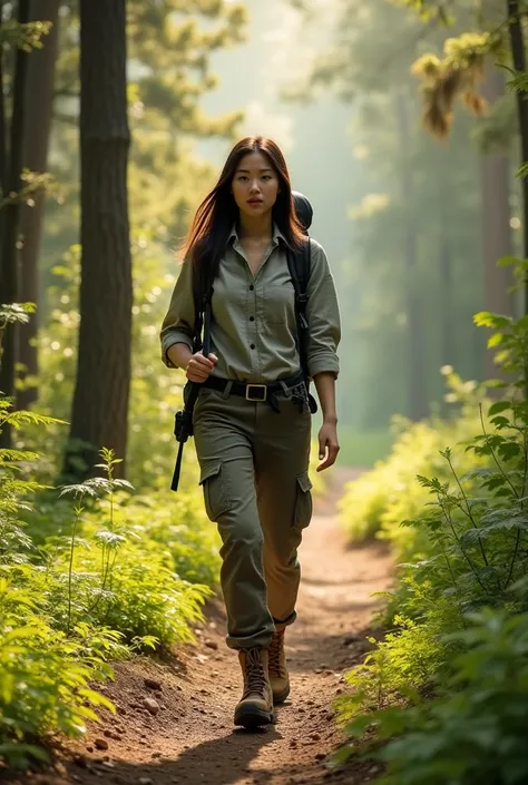 Asian woman hiking .  Picture as if it were a photo, but without showing his face 