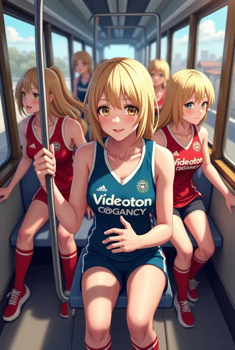 Beautiful blonde women ride and sit on tram 61 in videoton jerseys and rifled academy jerseys 