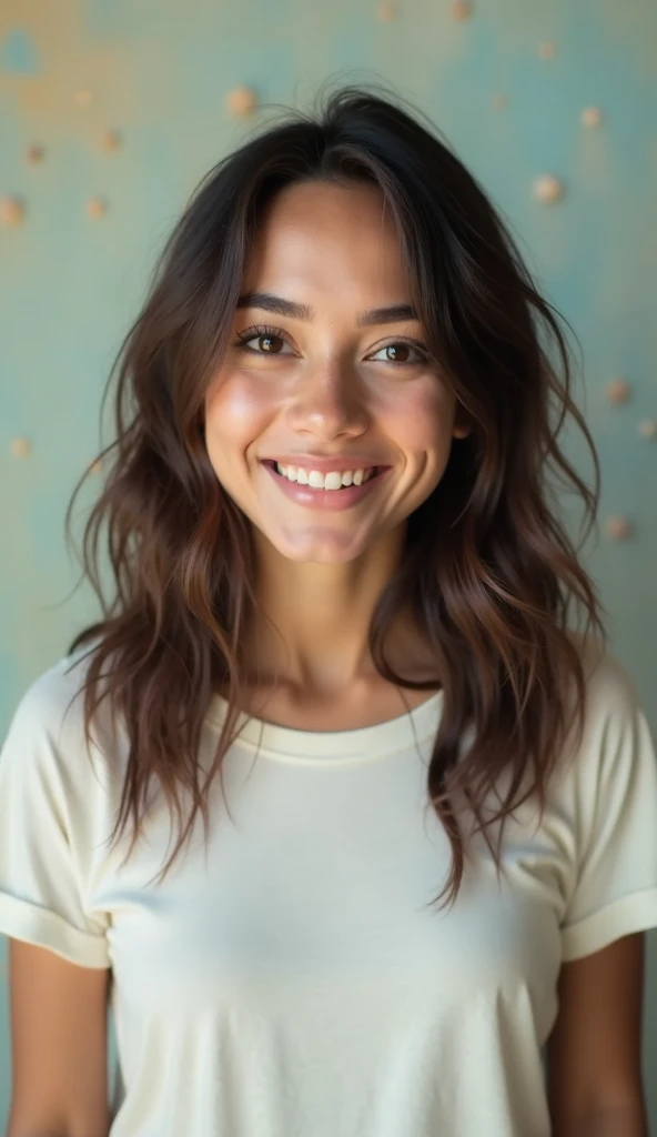  A photograph of a young Colombian woman, who is in front of the camera , brown eyes and hair , light skin, Medium wide flat ,  Blurred ice cream background  , vertically, light or pastel t-shirt , subtle smile
