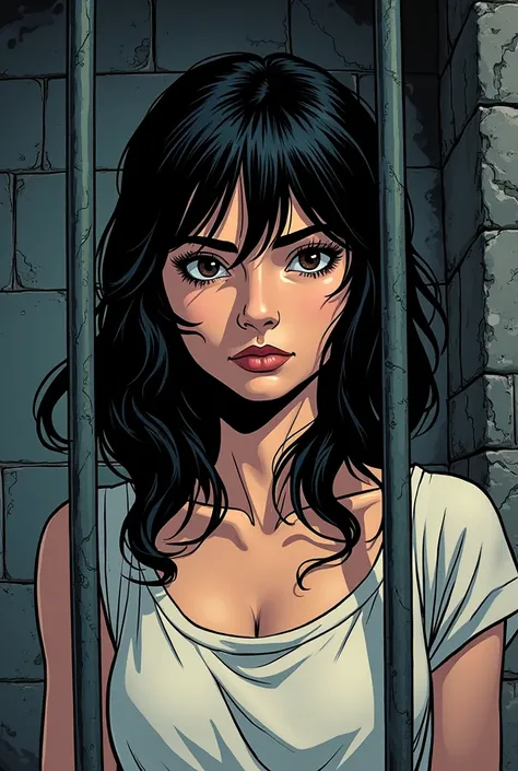 Comic-style image showing Antigone, the teenage daughter of Oedipus the King with black hair, in the castle prison 