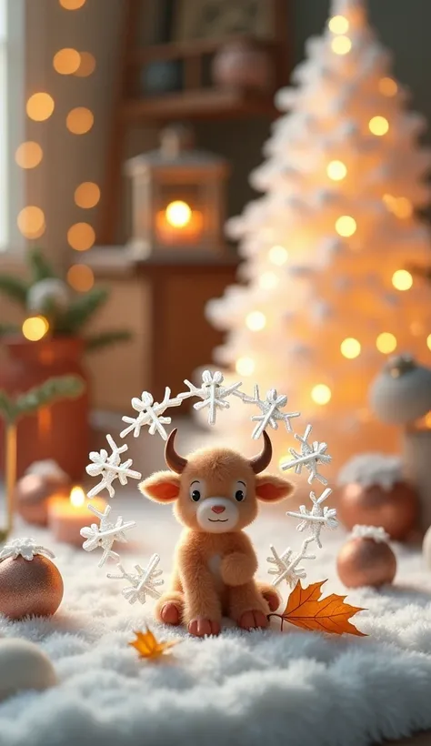  A photograph of a cute  , EXTRA CUTE MINI OXEN sitting on a transparent snowflake .  Inside the snowflake is an autumn leaf . In the background, there are Christmas lamps ,  a Christmas tree branch , A large Christmas ball , candles,  and crisp dry pastel...