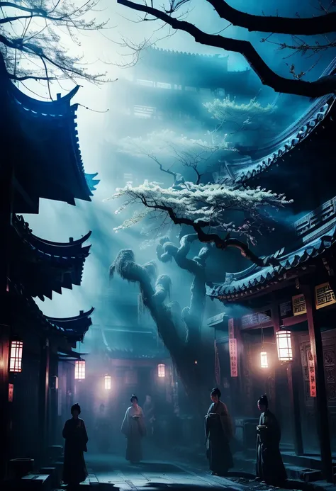 Chinese Ghost Festival，nakahara universe，Ghostly Breath，Chiaroscuro in the city at night，Detailed texture of spooky tree branches，A transparent ghost floats in the smoke，Lanterns hanging from a tree，There are flowers blooming there, shade lighting，Backgrou...