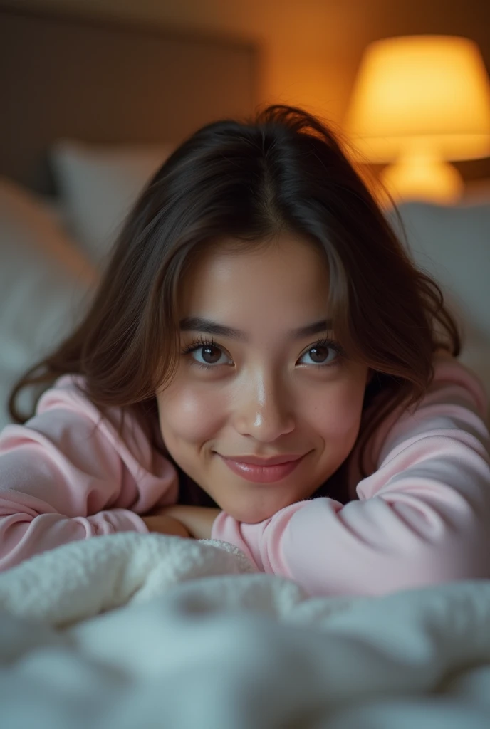 Ultra-realistic 4K HDR photo of a young Turkish woman (classic Turkish features, almond-shaped brown eyes, soft arched eyebrows, a small straight nose, full lips without lipstick) under the covers, peeking out with a playful expression, as if caught in a m...